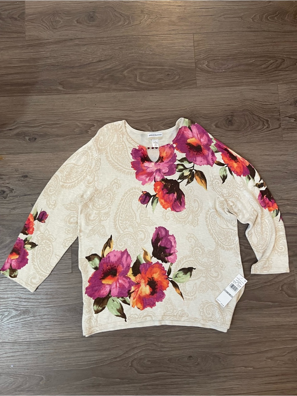 Alfred Dunner Cream Floral Crewneck Sweater with Pink & Orange Blooms